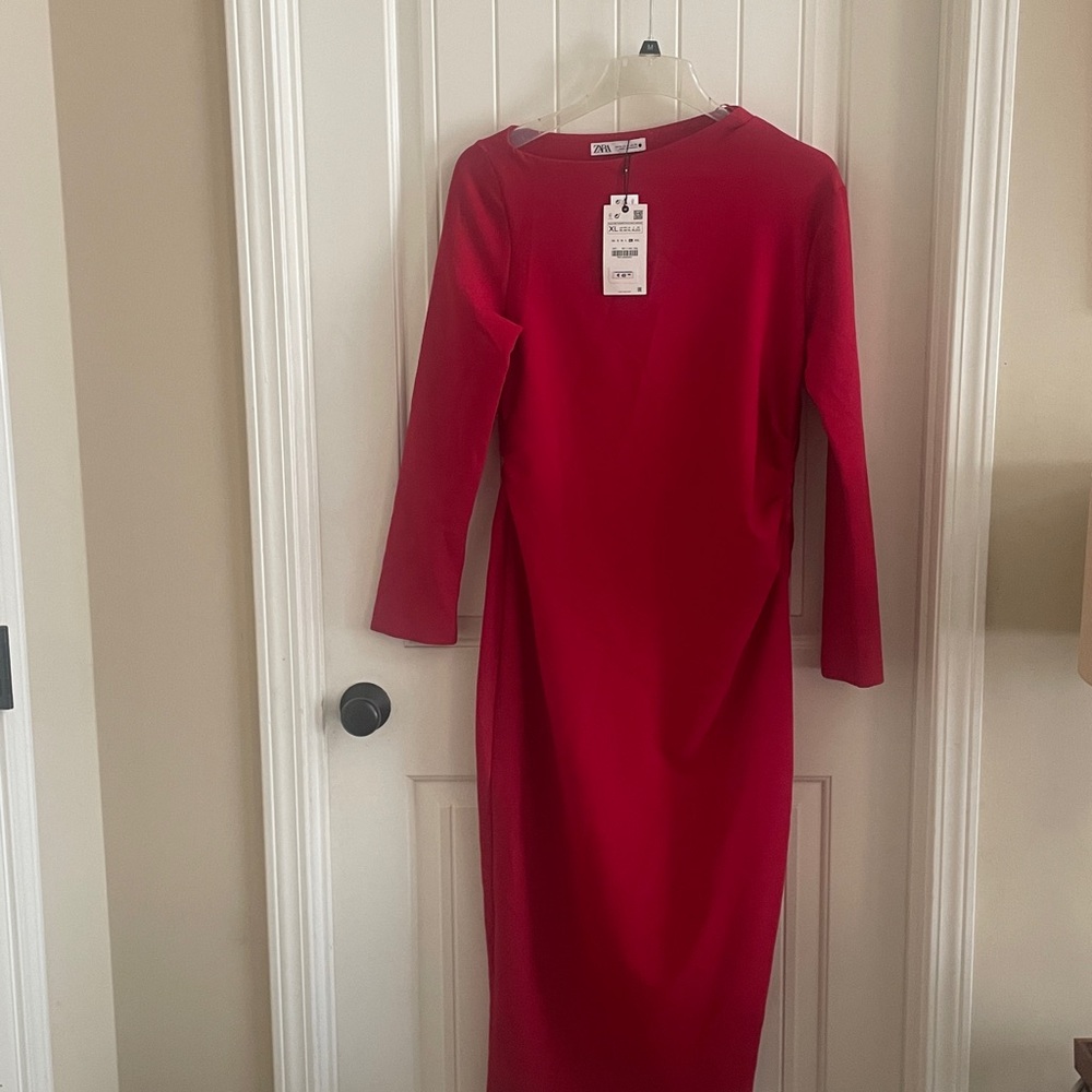 Zara Red Long Sleeve Midi Dress NWT bsck split side zipper